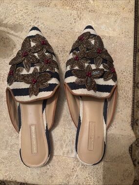 ANTONIO MELANI Navy & White Striped Beaded Floral Mules